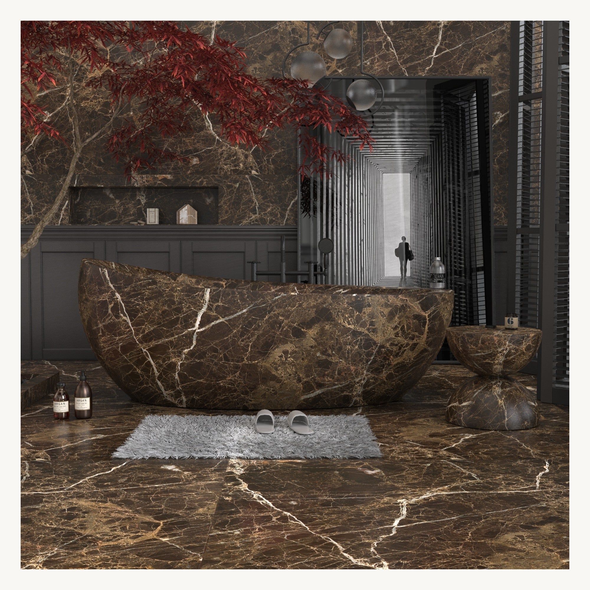 Yuka freestanding Dark Emperador Marble soaking bathtub in a dark luxury bathroom setting