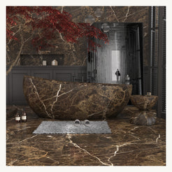 Yuka freestanding Dark Emperador Marble soaking bathtub in a dark luxury bathroom setting