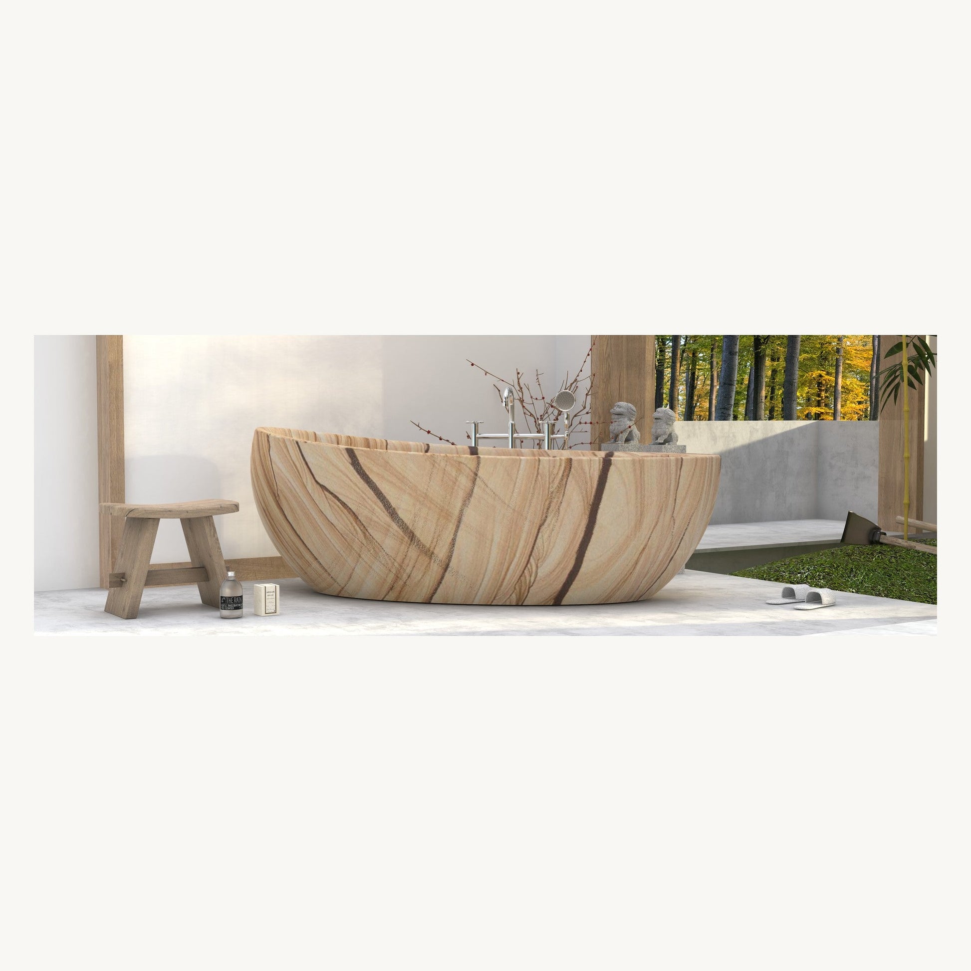 Yuka Natural Sandstone freestanding soaking bathtub in a warm bathroom, styled visualization