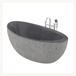 Yuka freestanding Shanxi Black Granite soaking bathtub, angled studio view