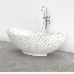 Yuna BT-032A alba-white-terrazzo freestanding soaking bathtub, contextual three-quarter view