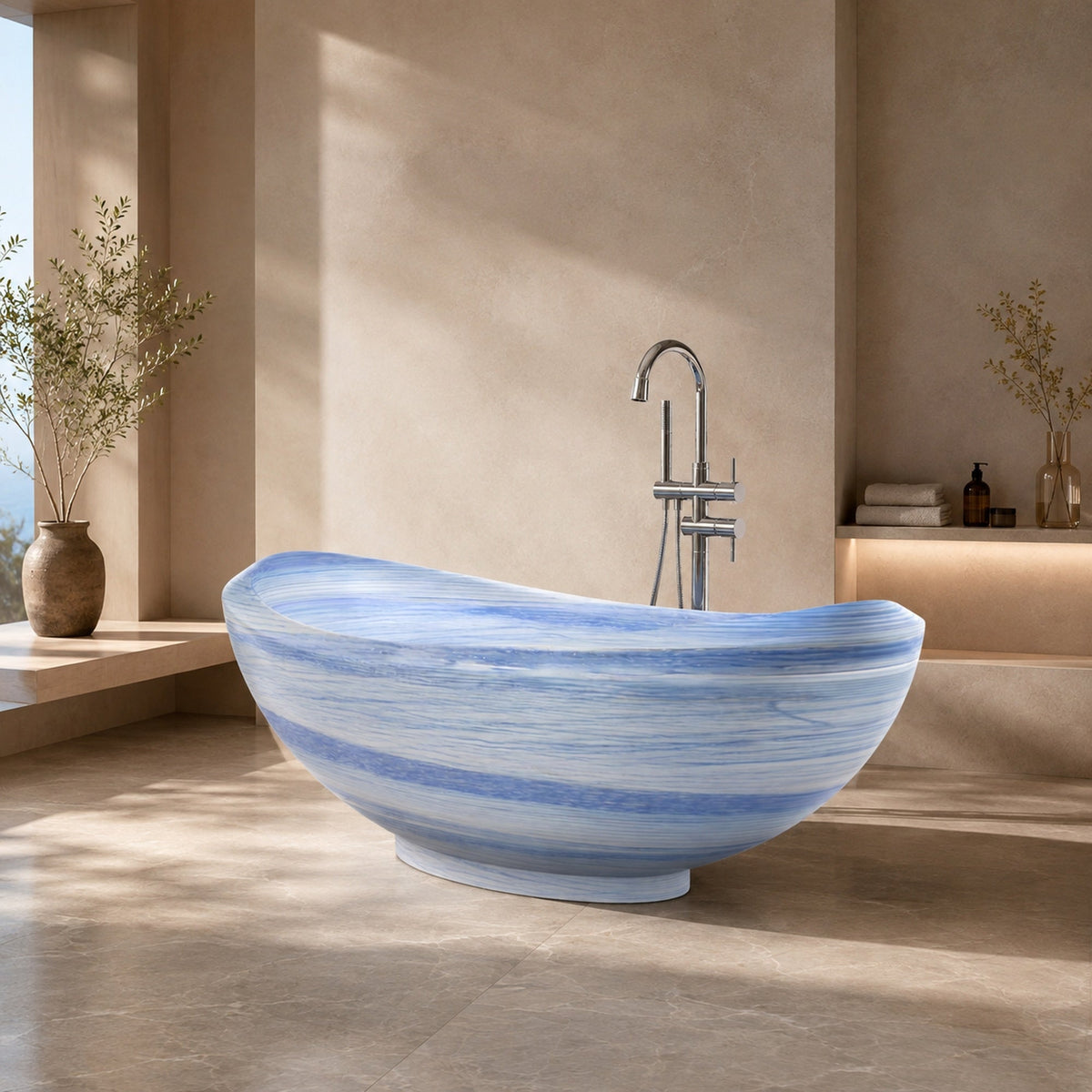 Yuna Azura Blue Quartzite freestanding soaking bathtub in a warm architectural bathroom, styled visualization