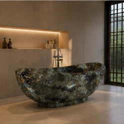 Yuna Celestia Blue Quartzite freestanding soaking bathtub in a warm neutral luxury architectural bathroom, styled visualization