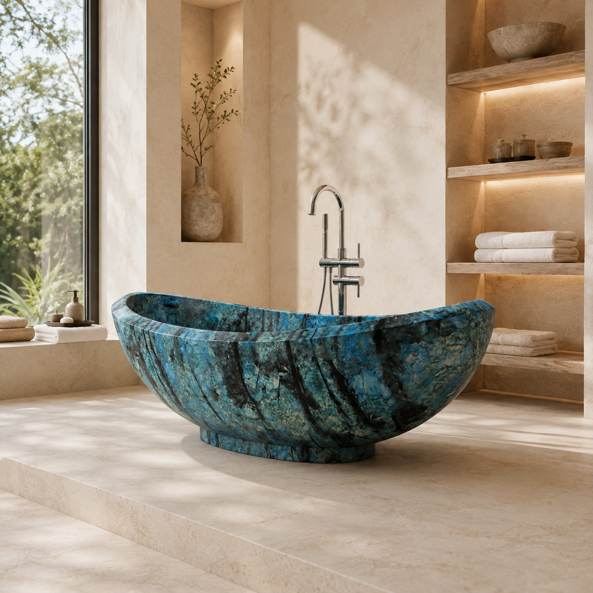 Yuna Danube Blue Quartzite freestanding soaking bathtub in a bright warm architectural bathroom with natural light, styled visualization