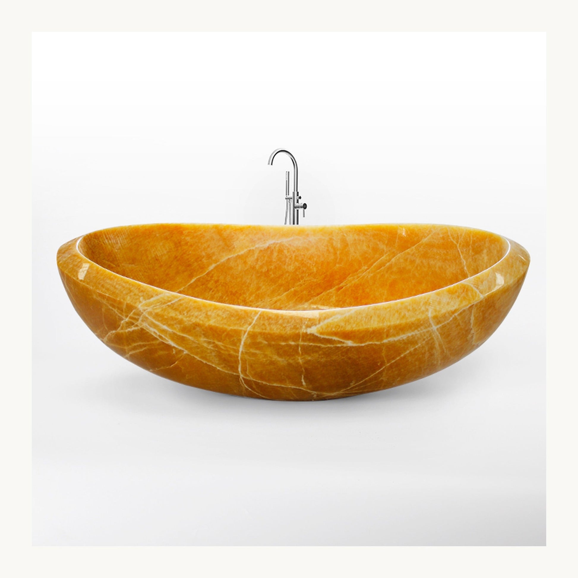 Yuna Honey Onyx freestanding soaking bathtub, polished side studio visualization