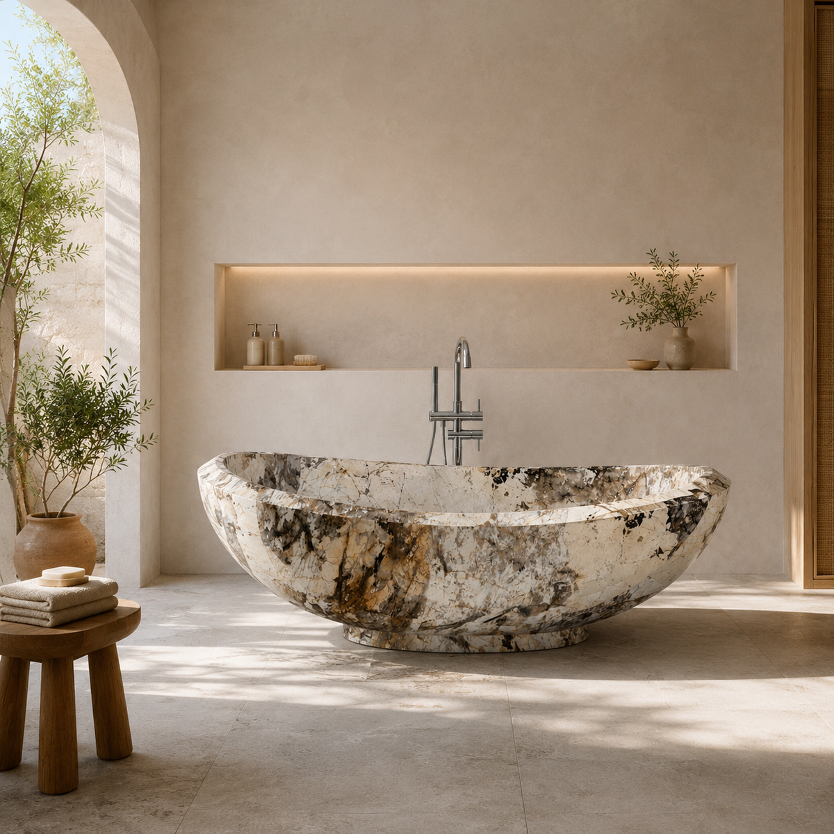 Yuna Pandora Blanc Quartzite soaking bathtub in a bright warm architectural bathroom with natural light, styled visualization