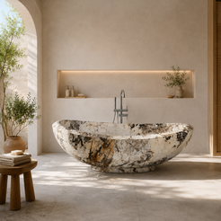 Yuna Pandora Blanc Quartzite soaking bathtub in a bright warm architectural bathroom with natural light, styled visualization