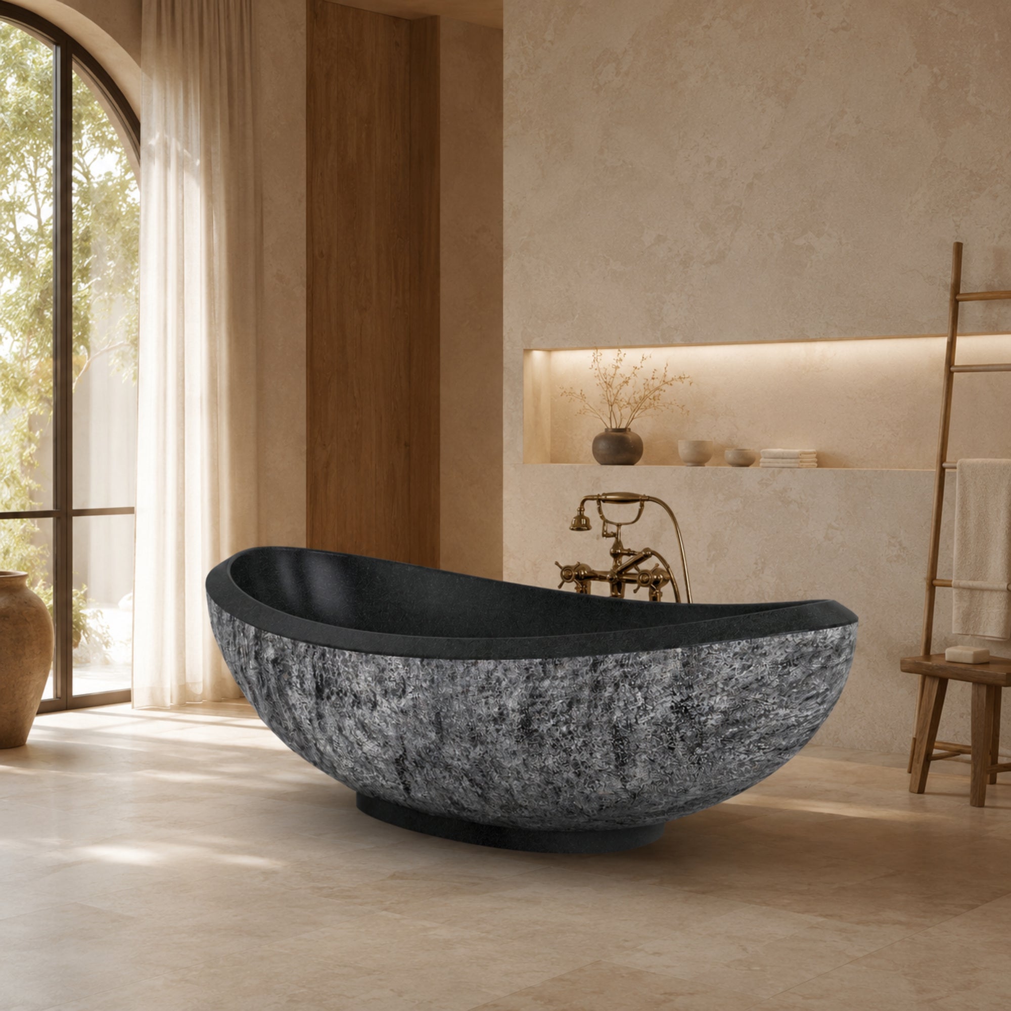 Yura boat-shaped Neroco Granite soaking bathtub in a warm architectural luxury bathroom, styled visualization