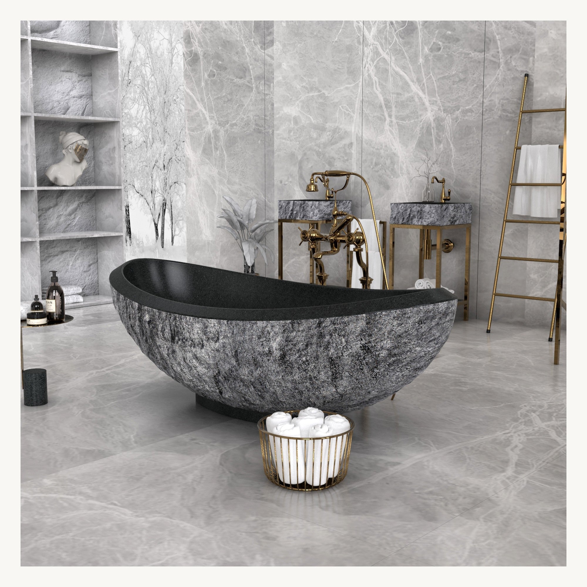 Yura freestanding Neroco Granite boat-shaped soaking bathtub, main bathroom view