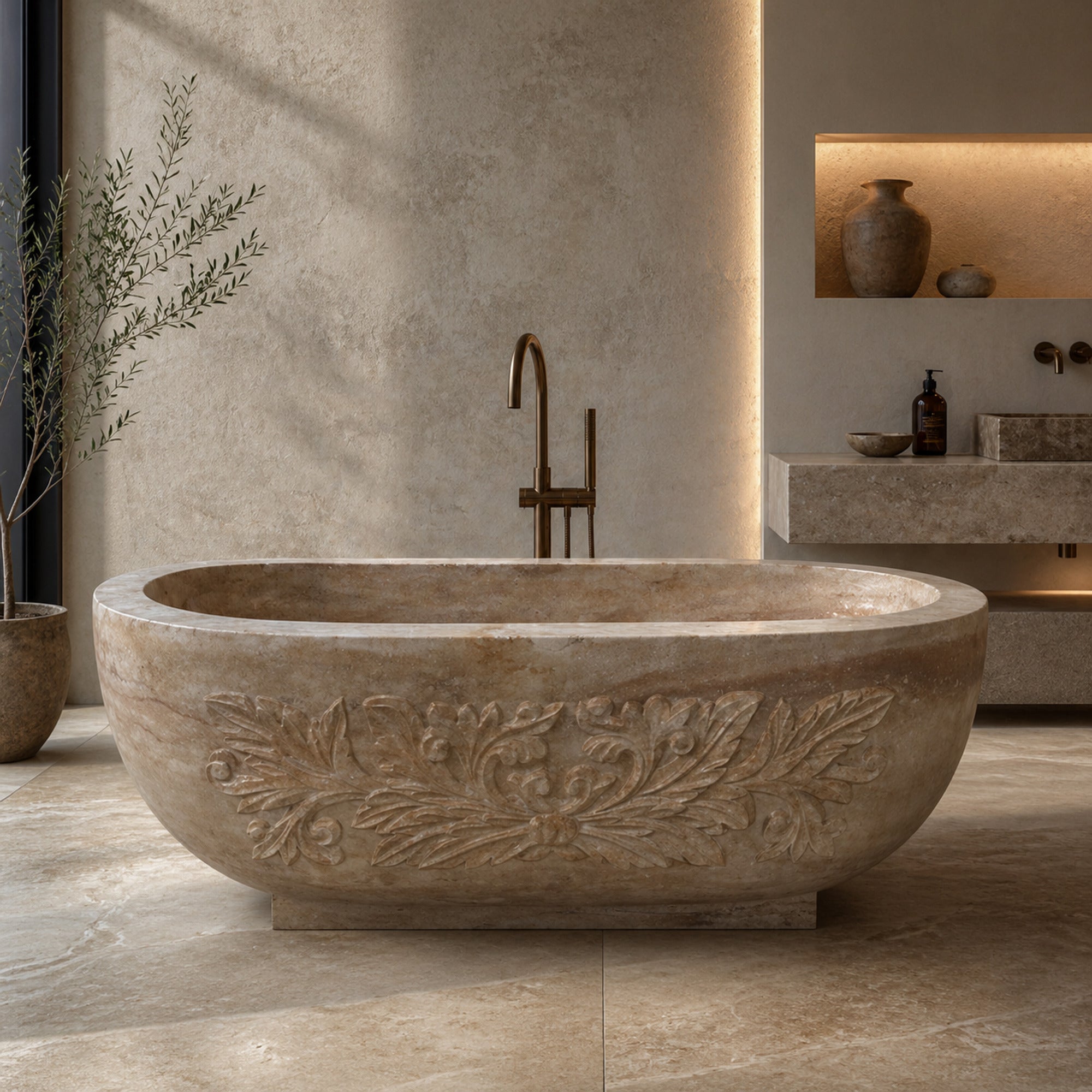 YVANA Brown Travertine freestanding soaking bathtub with an oval hand-carved stone form, styled product visualization
