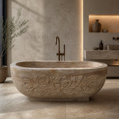 YVANA Brown Travertine freestanding soaking bathtub with an oval hand-carved stone form, styled product visualization