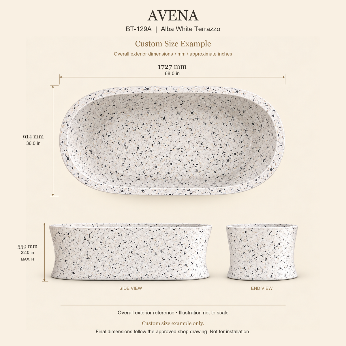 Avena BT-129A Alba White Terrazzo bathtub custom size example: 1727 × 914 × 559 mm (L × W × maximum overall H). Final dimensions follow the approved shop drawing; not for installation.