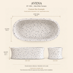 Avena BT-129A Alba White Terrazzo bathtub custom size example: 1727 × 914 × 559 mm (L × W × maximum overall H). Final dimensions follow the approved shop drawing; not for installation.