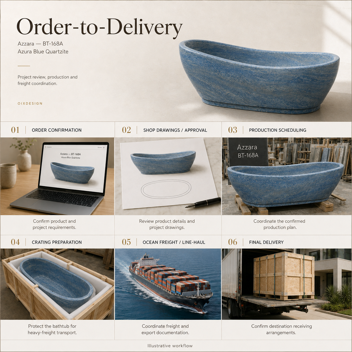 Azzara BT-168A Azura Blue Quartzite bathtub — order-to-delivery; illustrative workflow.