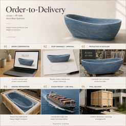 Azzara BT-168A Azura Blue Quartzite bathtub — order-to-delivery; illustrative workflow.