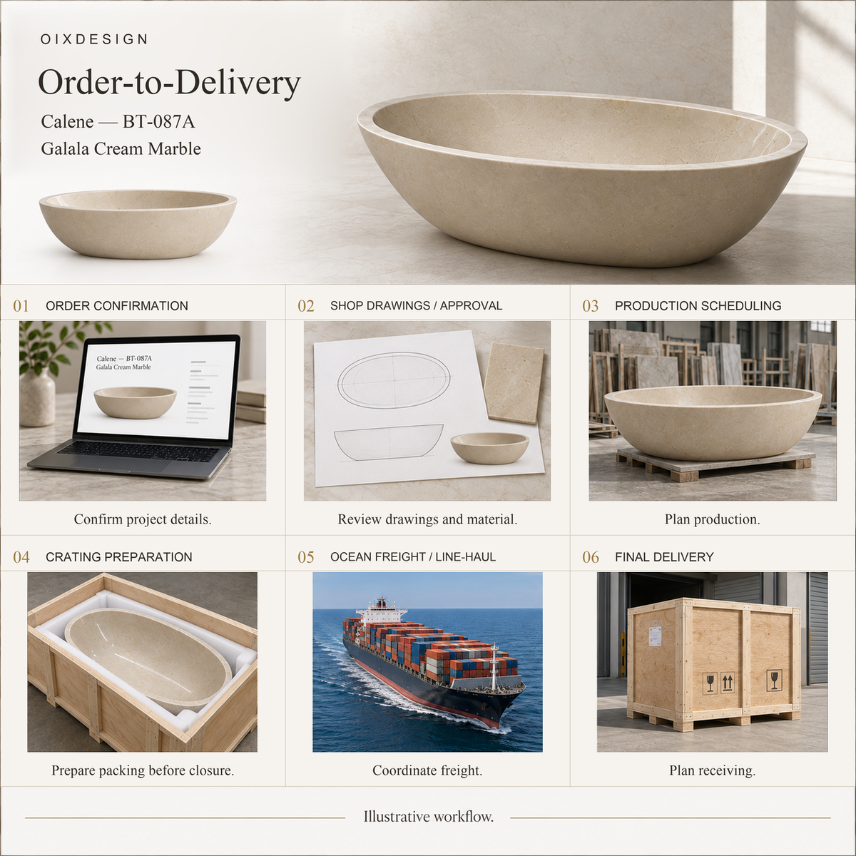 OIXDESIGN Calene BT-087A Galala Cream Marble bathtub order-to-delivery illustrative workflow.