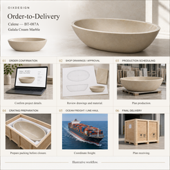 OIXDESIGN Calene BT-087A Galala Cream Marble bathtub order-to-delivery illustrative workflow.