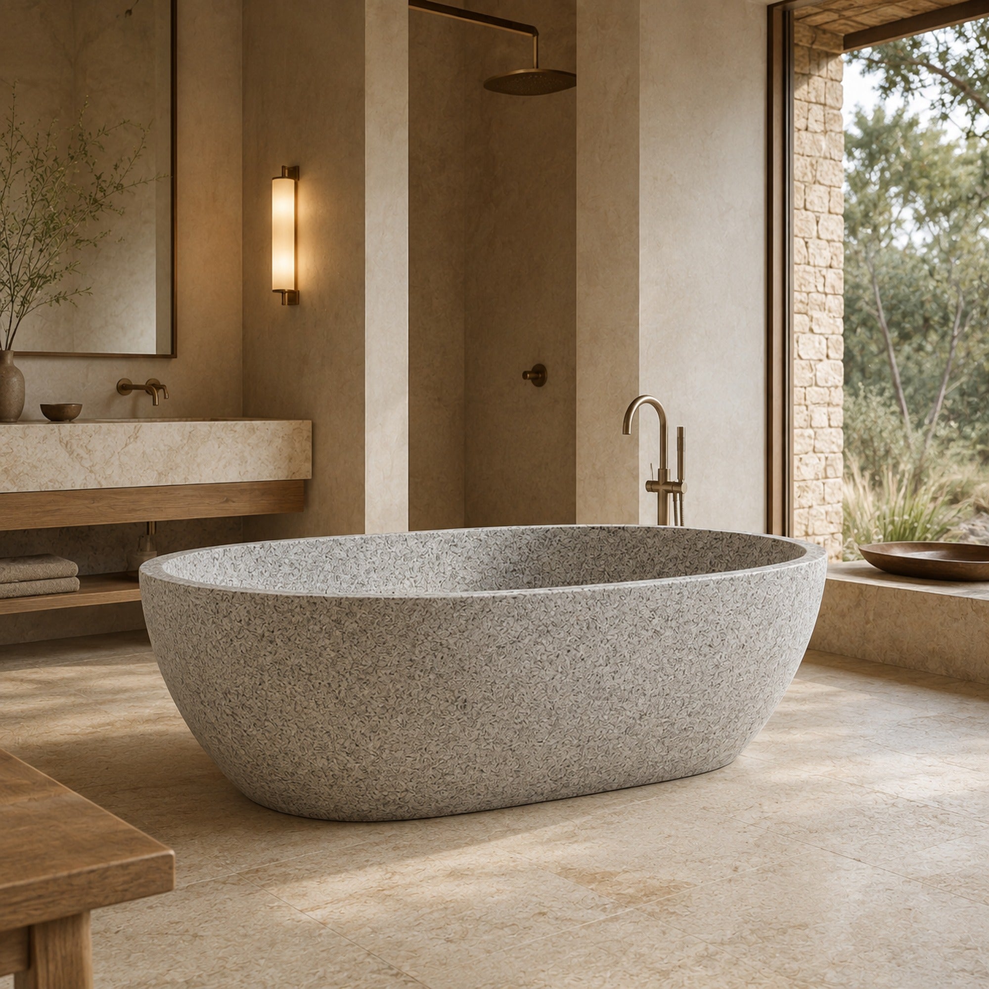 Alura Alpine Silver Granite soaking bathtub in a refined boutique hotel spa bathroom, styled visualization