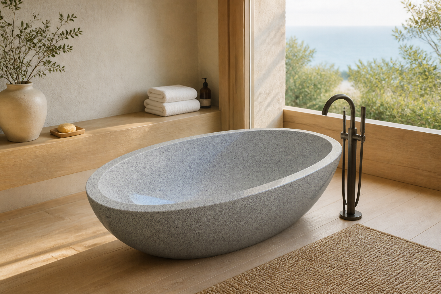Alura Alpine Silver Granite soaking bathtub in a coastal wellness retreat, styled visualization