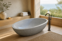 Alura Alpine Silver Granite soaking bathtub in a coastal wellness retreat, styled visualization