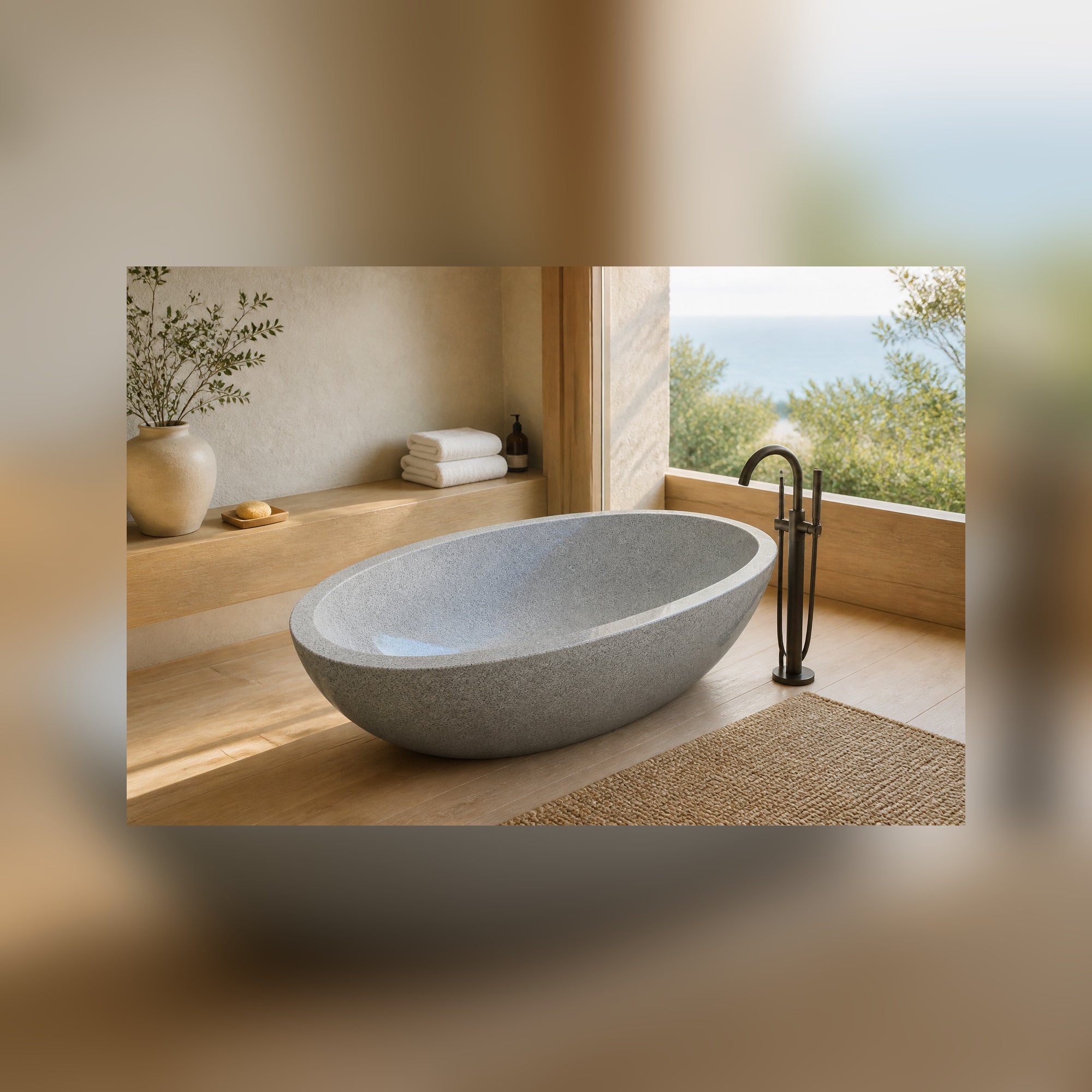 Alura Alpine Silver Granite soaking bathtub in a luxury hospitality spa, styled visualization