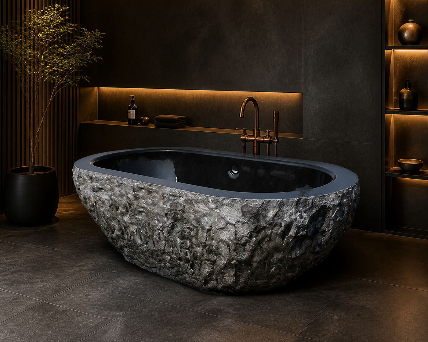 Arden rough-chiseled black granite bathtub in a dramatic bathroom, styled visualization