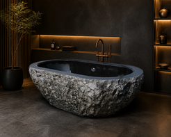 Arden rough-chiseled black granite bathtub in a dramatic bathroom, styled visualization
