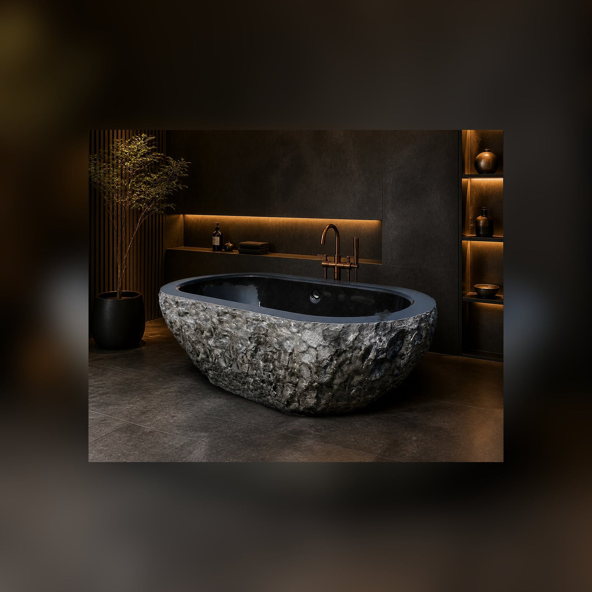 Arden Natural-Face Black Granite soaking bathtub in a luxury hospitality spa, styled visualization