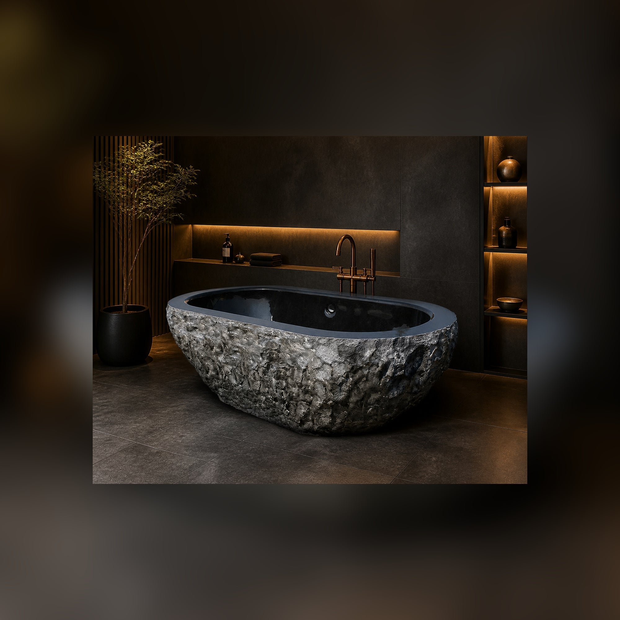 Arden Natural-Face Black Granite soaking bathtub in a luxury hospitality spa, styled visualization