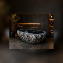 Arden Natural-Face Black Granite soaking bathtub in a luxury hospitality spa, styled visualization