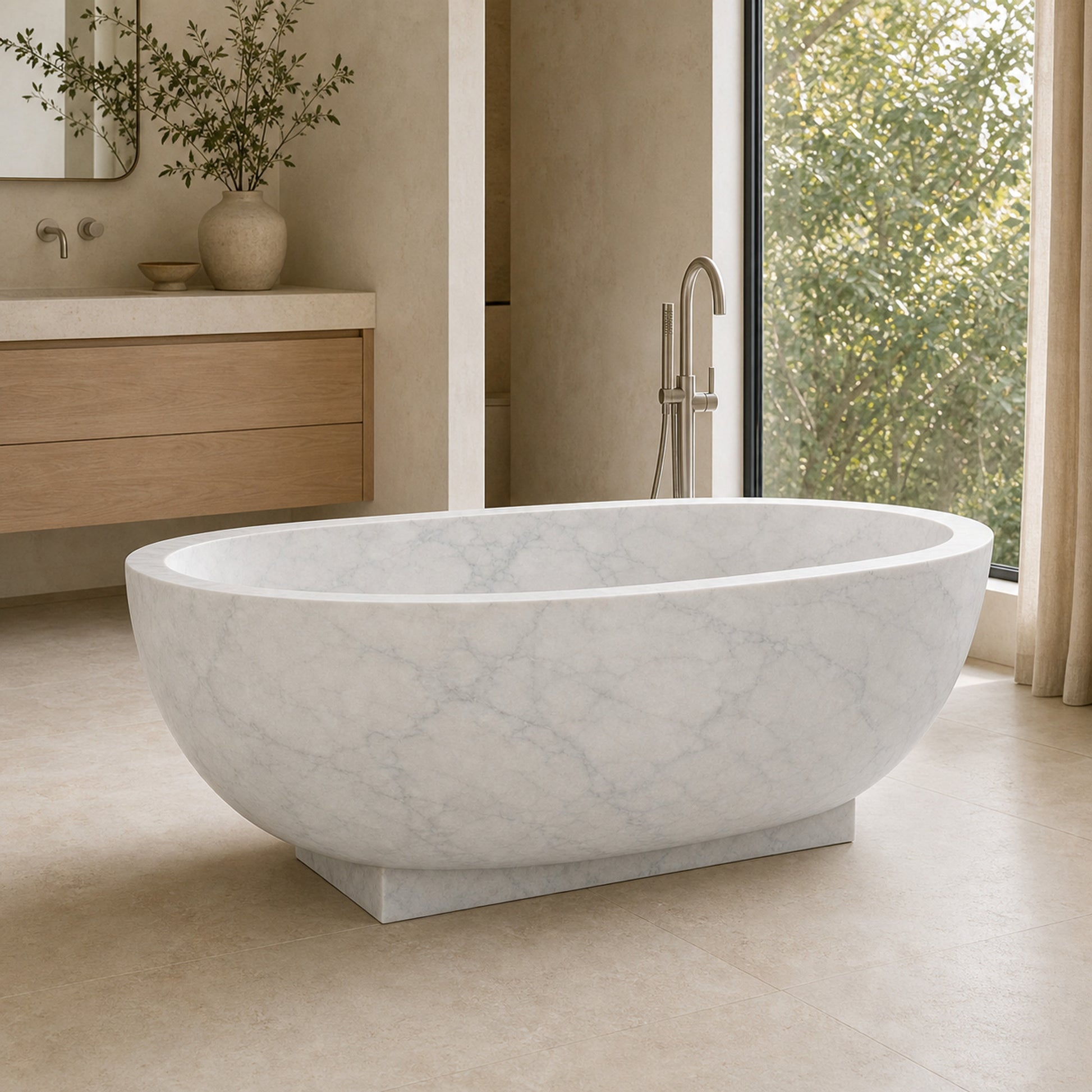 Aurelia Ivory Cloud Marble pedestal bathtub in a warm limestone bathroom, styled visualization