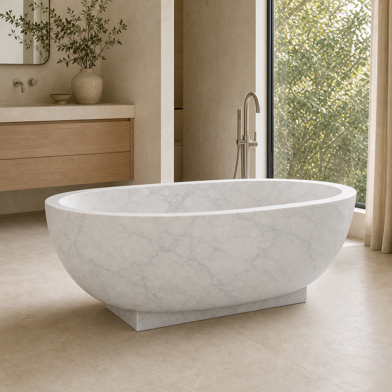 Aurelia Ivory Cloud Marble pedestal bathtub in a warm limestone bathroom styled visualization