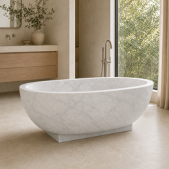 Aurelia Ivory Cloud Marble pedestal bathtub in a warm limestone bathroom styled visualization