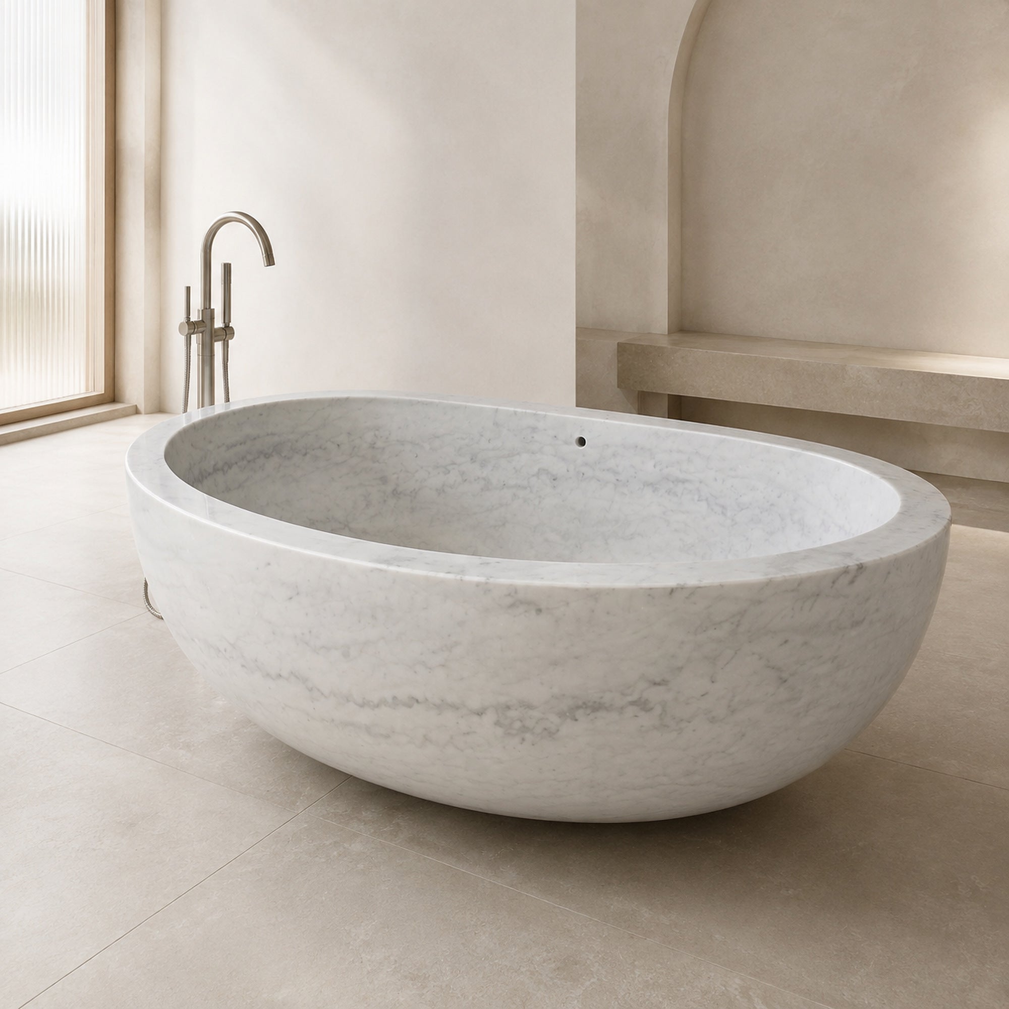 Avela Ivory Cloud Marble deep oval bathtub in a luminous luxury spa bathroom, styled visualization