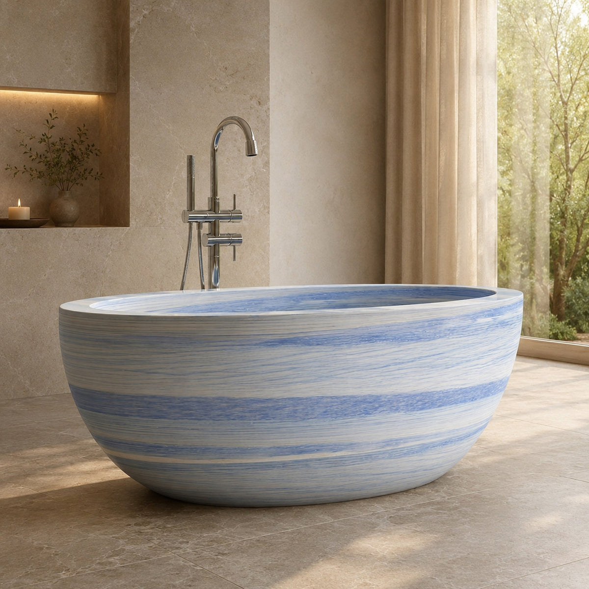 Aveline Azura Blue Quartzite freestanding soaking bathtub in a serene sunlit spa bathroom, second lifestyle scene