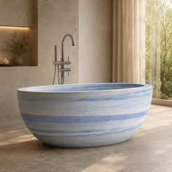 Aveline Azura Blue Quartzite freestanding soaking bathtub in a serene sunlit spa bathroom, second lifestyle scene