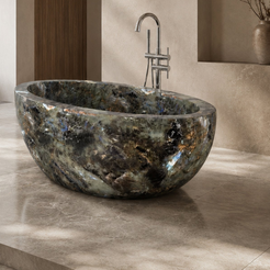 Aveline Celestia Blue Quartzite freestanding soaking bathtub in a serene warm spa bathroom, second lifestyle scene