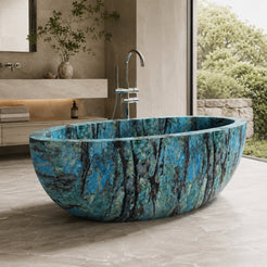Aveline Danube Blue Quartzite freestanding soaking bathtub in a serene modern spa bathroom, second lifestyle scene