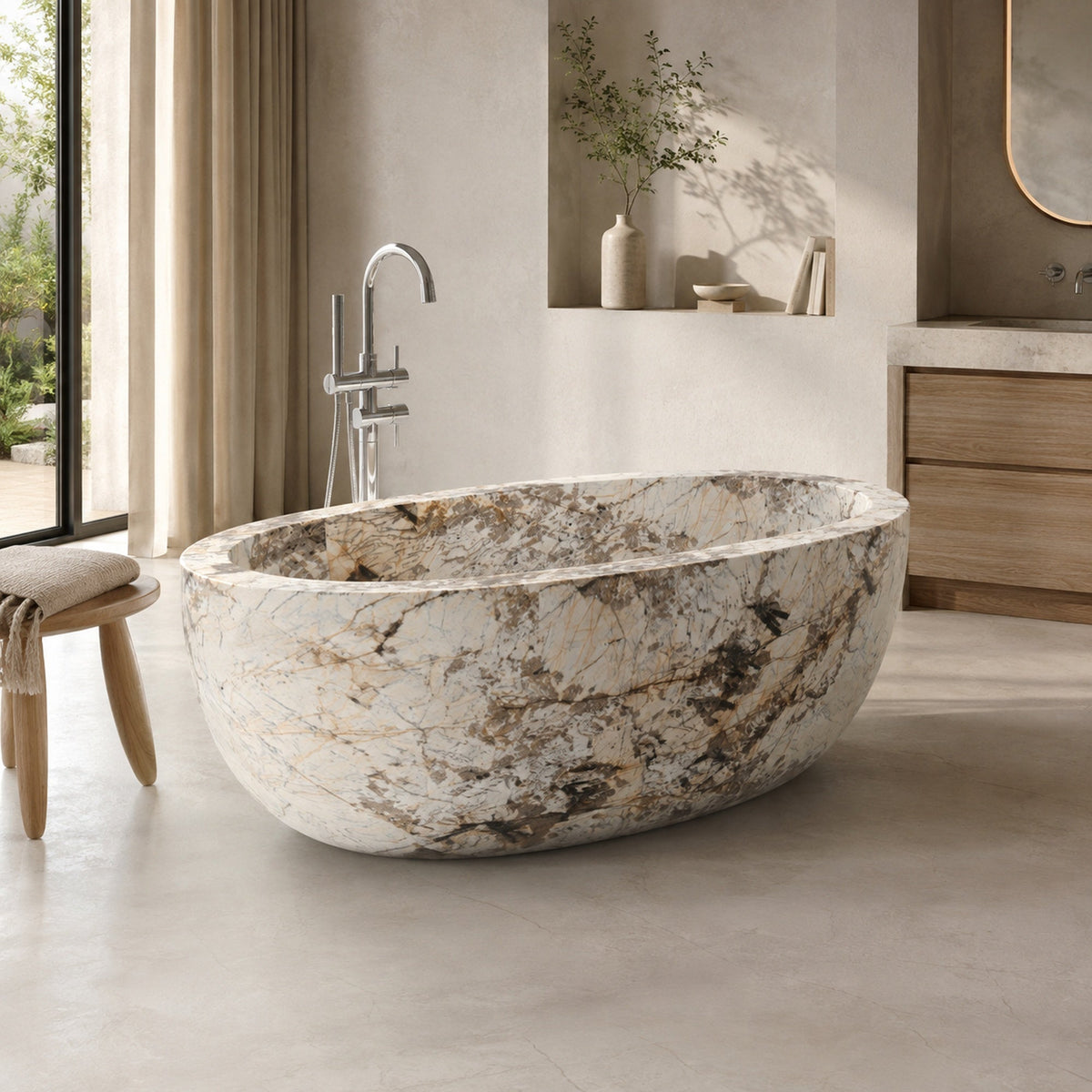 Aveline Pandora Blanc Quartzite freestanding soaking bathtub in a serene sunlit spa bathroom, second lifestyle scene