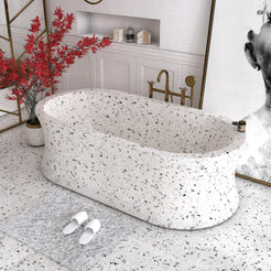 Avena BT-129A Alba White Terrazzo freestanding soaking bathtub, elevated interior lifestyle design rendering