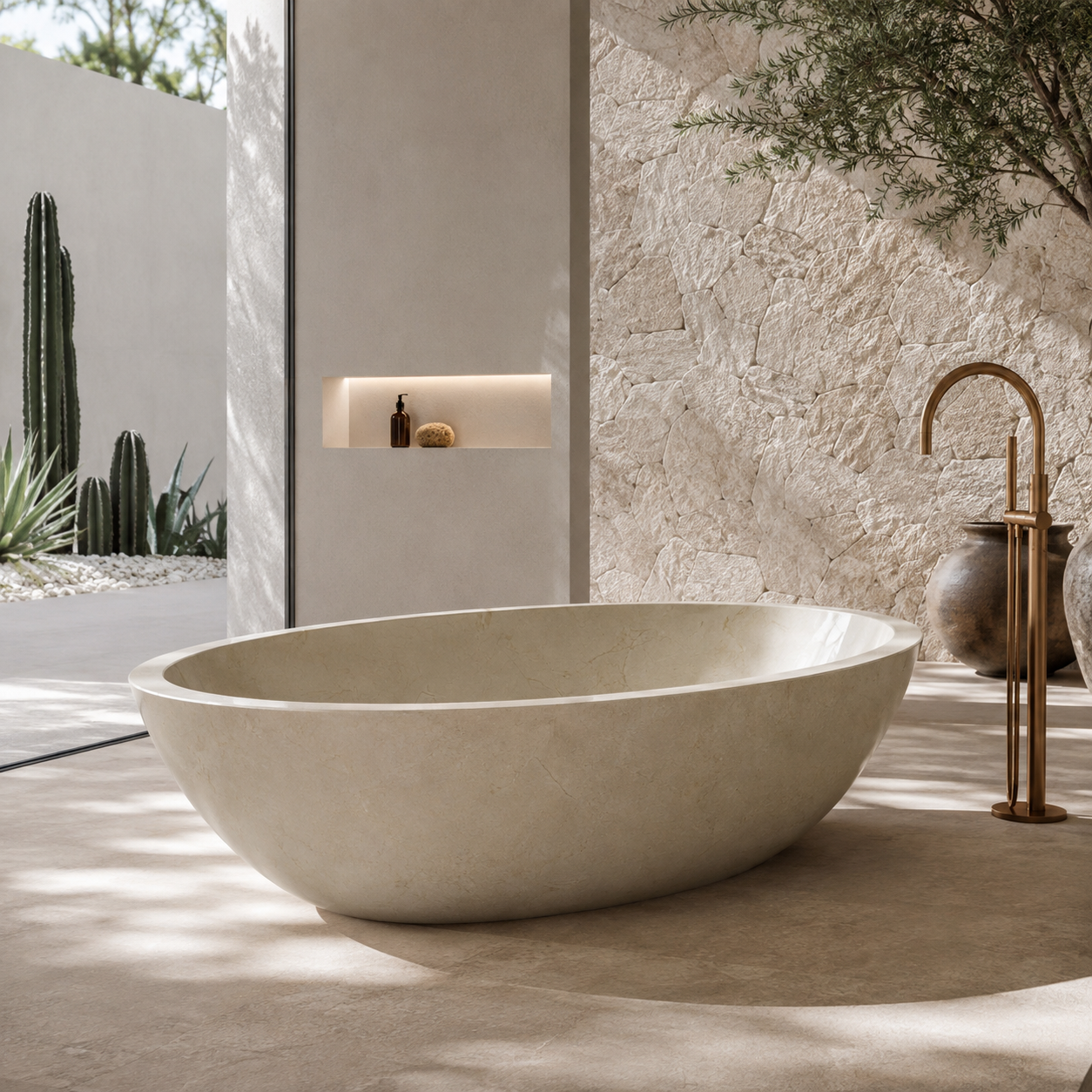 Calene BT-087A Galala Cream Marble low oval freestanding bathtub in a bright Mediterranean stone spa bathroom