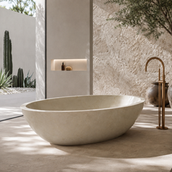Calene BT-087A Galala Cream Marble low oval freestanding bathtub in a bright Mediterranean stone spa bathroom