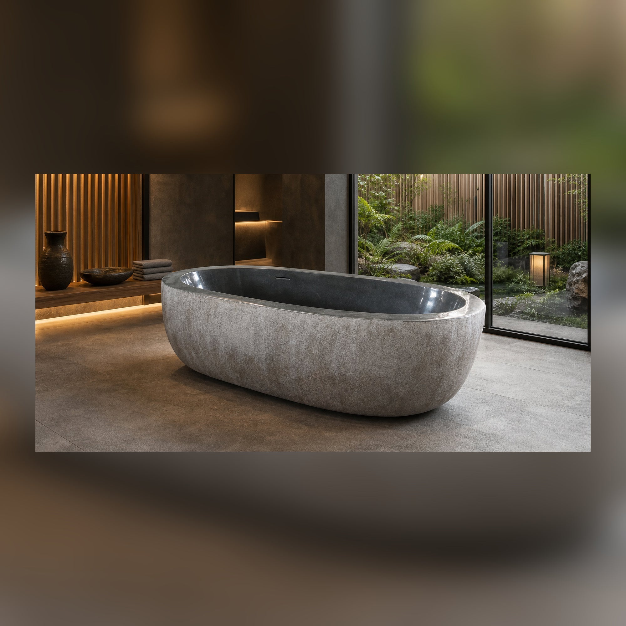 Cavira Charcoal Mist Granite soaking bathtub in a luxury hospitality spa, styled visualization