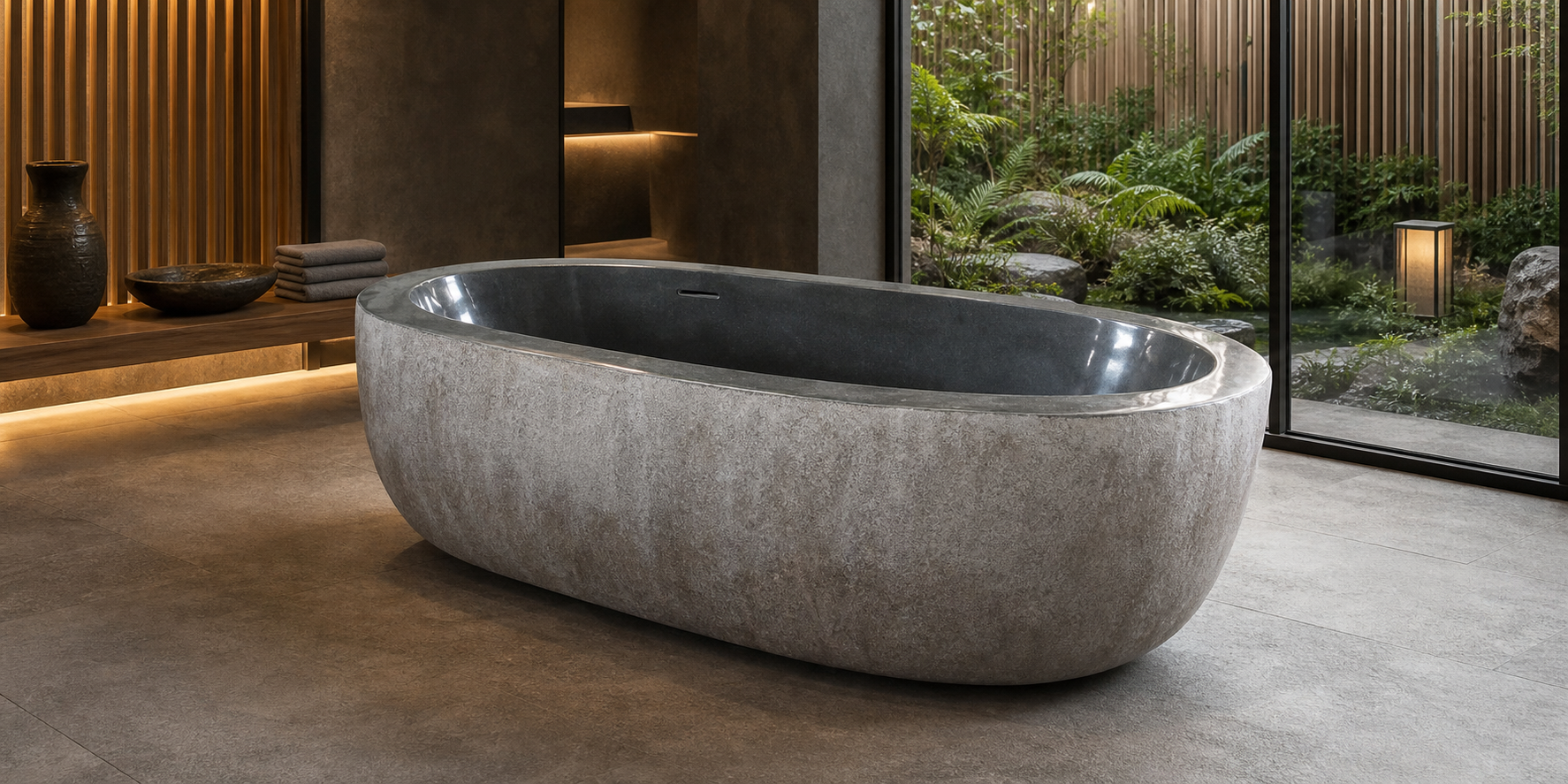 Cavira G654 Gray Granite soaking bathtub in a boutique hotel spa, styled visualization