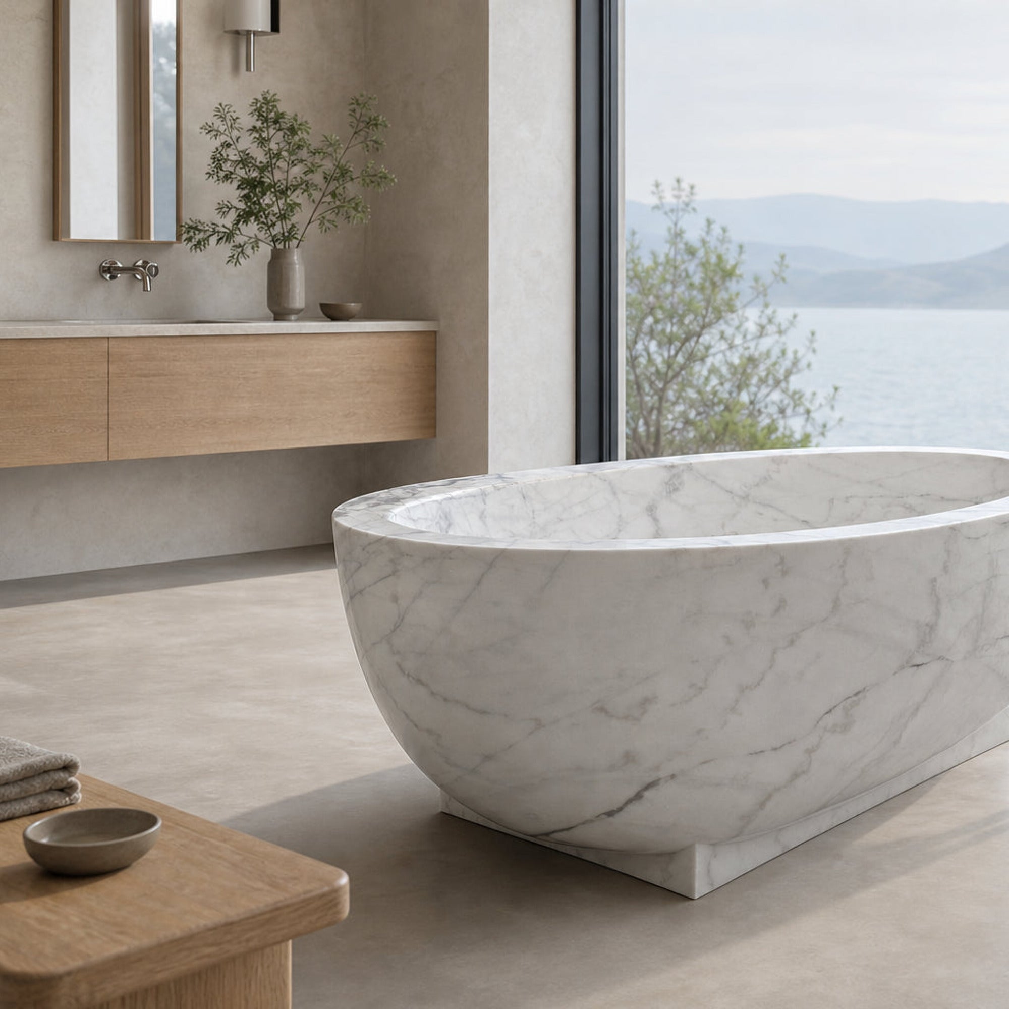 Celeste Ivory Cloud Marble soaking bathtub in a lake-view bathroom, styled visualization