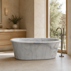 Elara Ivory Cloud Marble rolled-rim bathtub in a warm limestone bathroom styled visualization