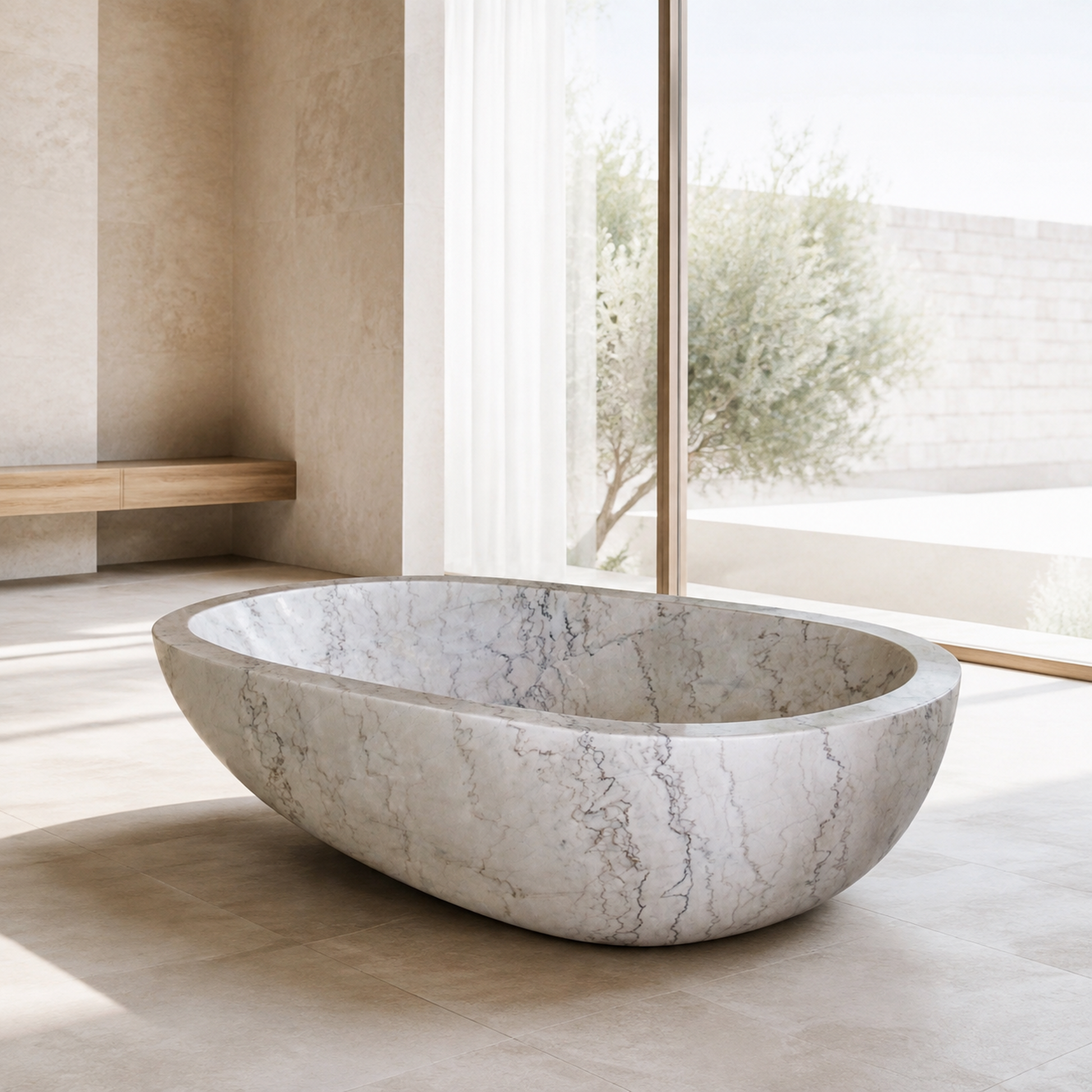 Liora BT-050A Ivory Cloud Marble egg-shaped bathtub in a bright architectural bathroom, styled visualization