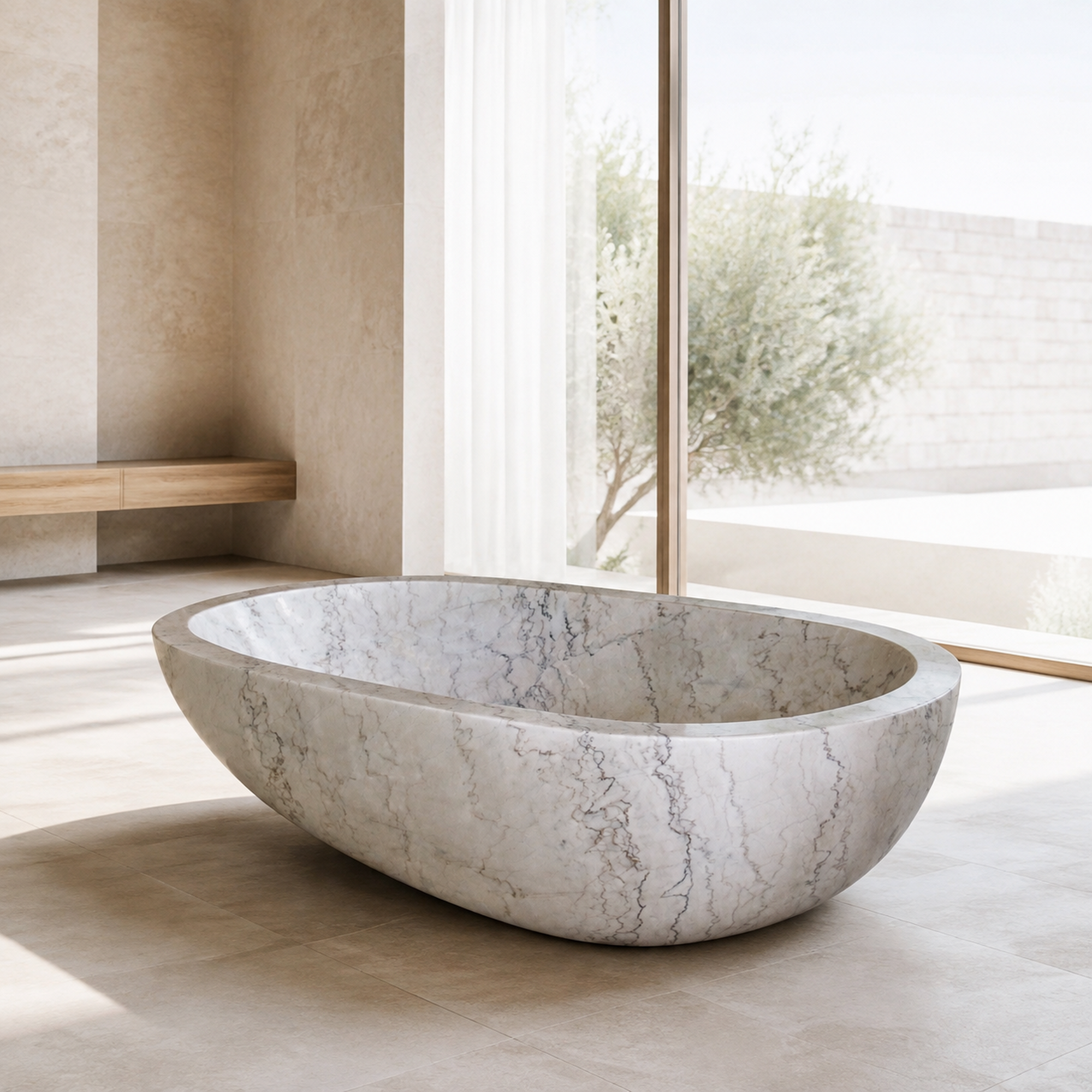 Liora BT-050A Ivory Cloud Marble egg-shaped bathtub in a bright architectural bathroom, styled visualization