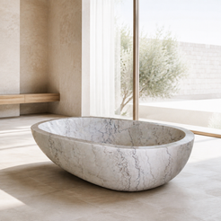 Liora BT-050A Ivory Cloud Marble egg-shaped bathtub in a bright architectural bathroom, styled visualization