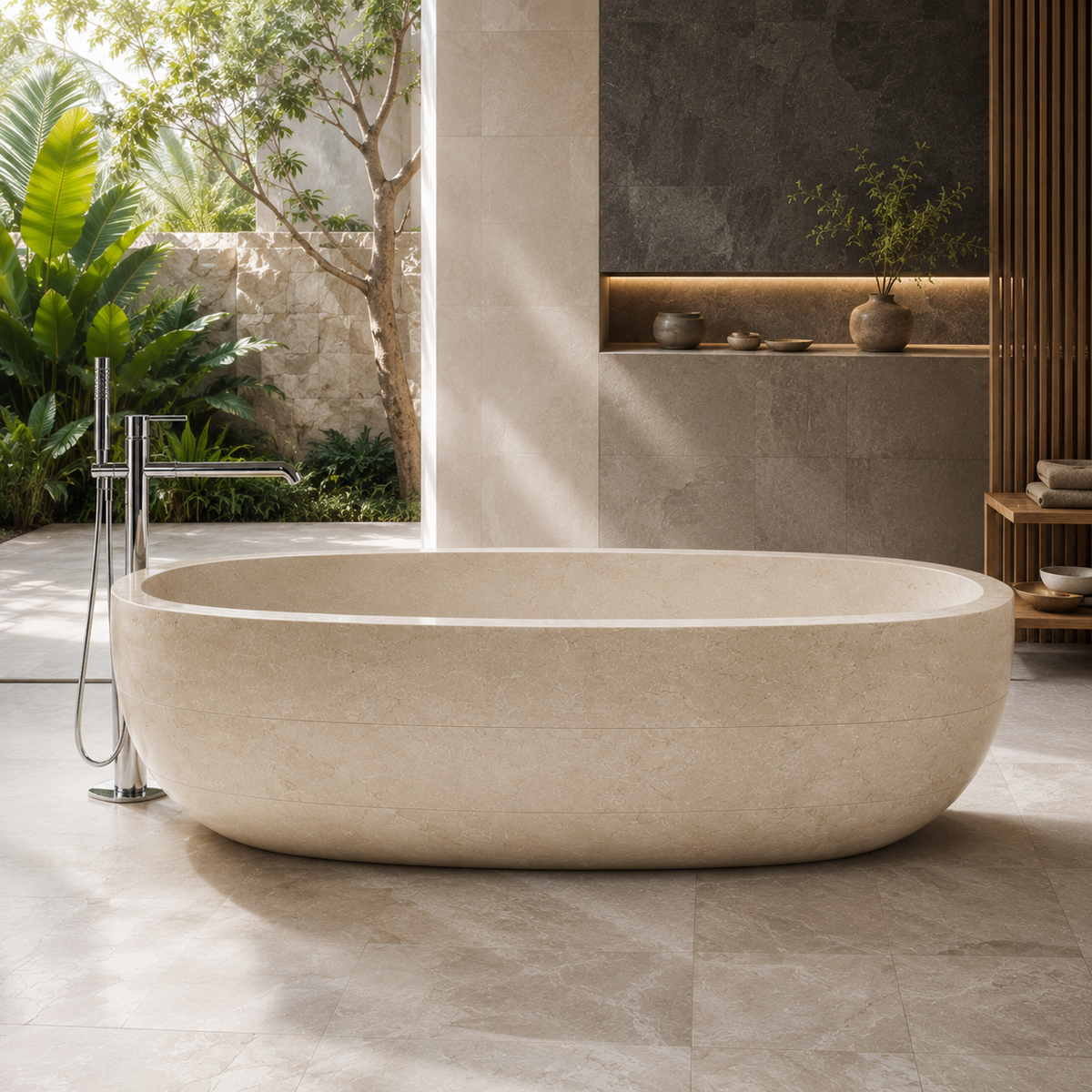 Lumera BT-116A Galala Marble bathtub in bright courtyard wellness bathroom from side profile, styled visualization